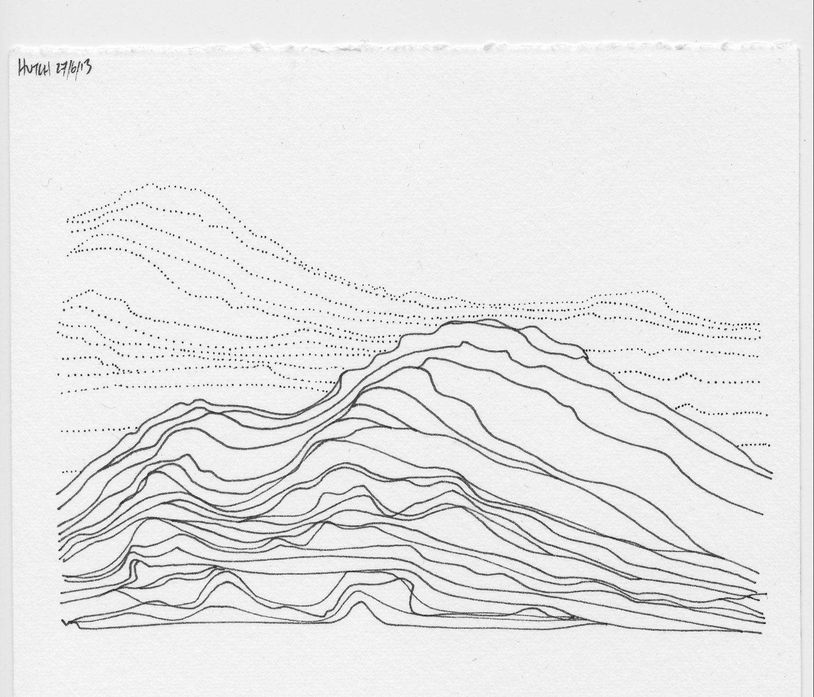 Line drawing of layered landscape on a white background for Obsidian Wine, California, By Jimmy Hutch