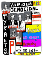 Cartoon-style poster with images of people labeled as 'tyrants' and 'genocidal'.