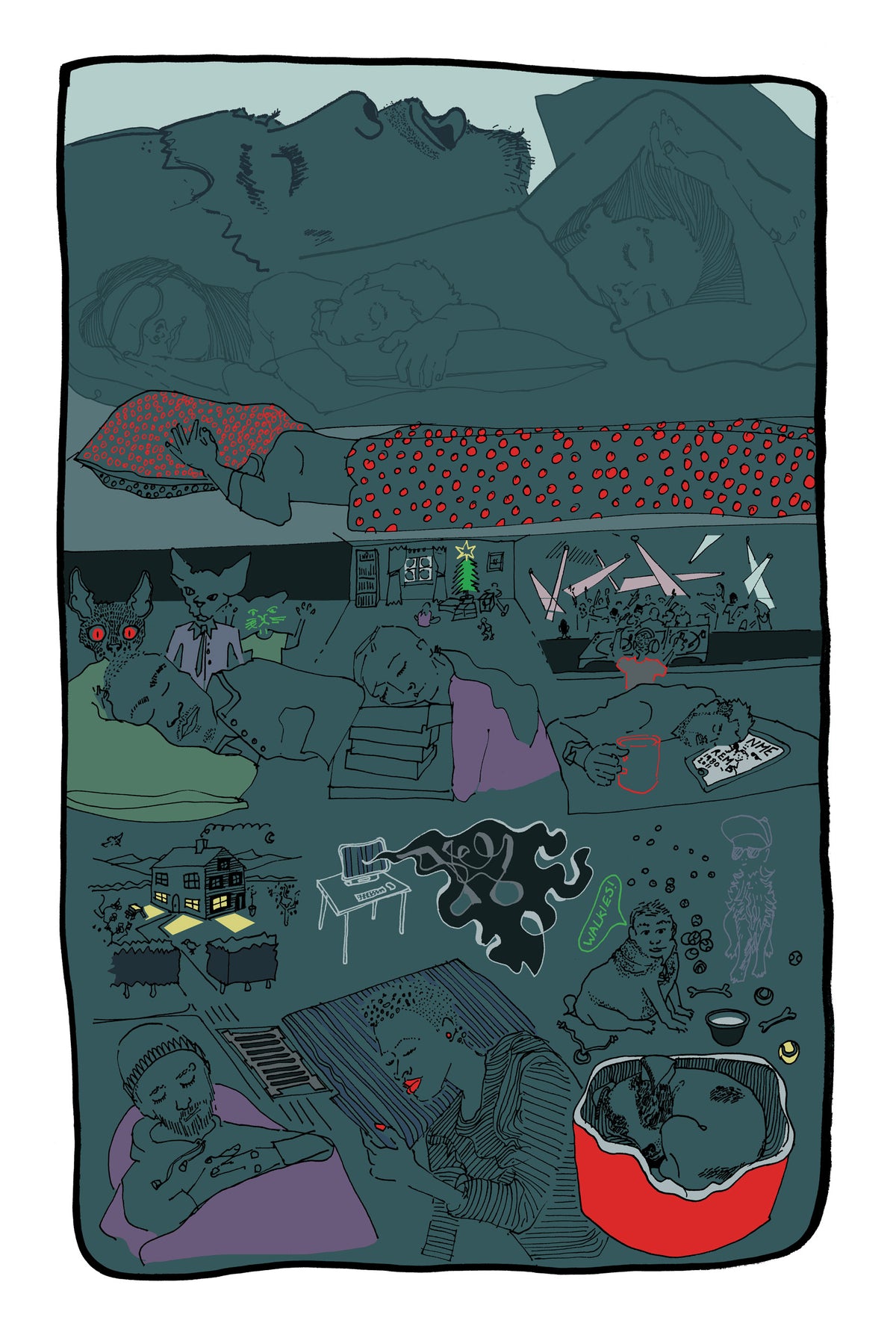 Illustration of a person lying on a bed with various activities happening around them. Suffolk Mind educational illustration series by Jimmy Hutch