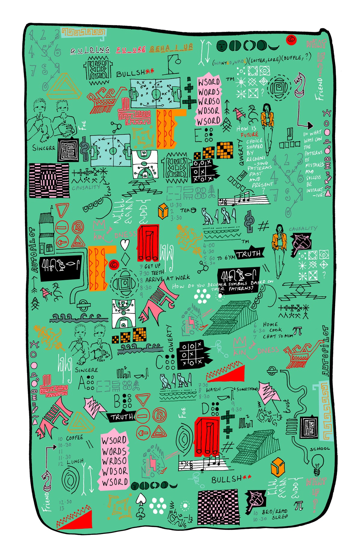 Colorful blanket with various symbols and text on a green background,  illustration by Jimmy Hutch