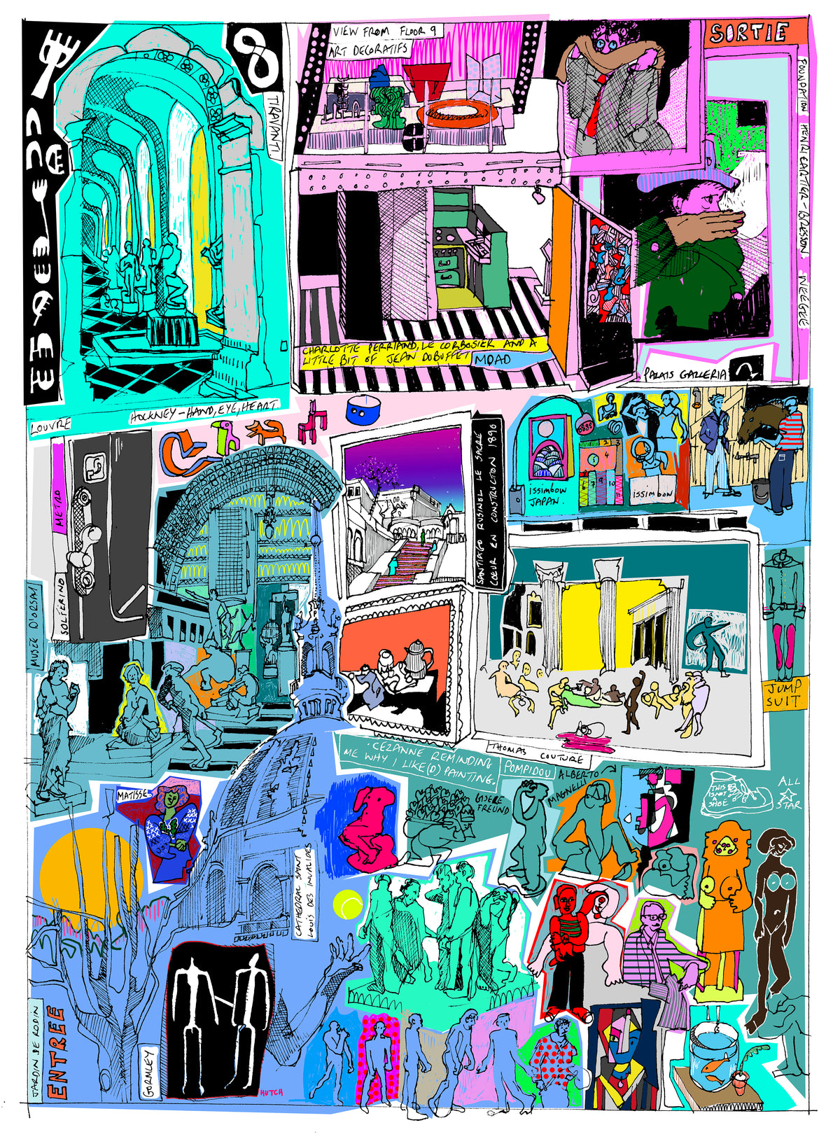 A vibrant and colorful limited edition Giclée print featuring various artistic interpretations and characters. There_and_back_again_an_Artist_s_tale_run_50_size_42x60cm