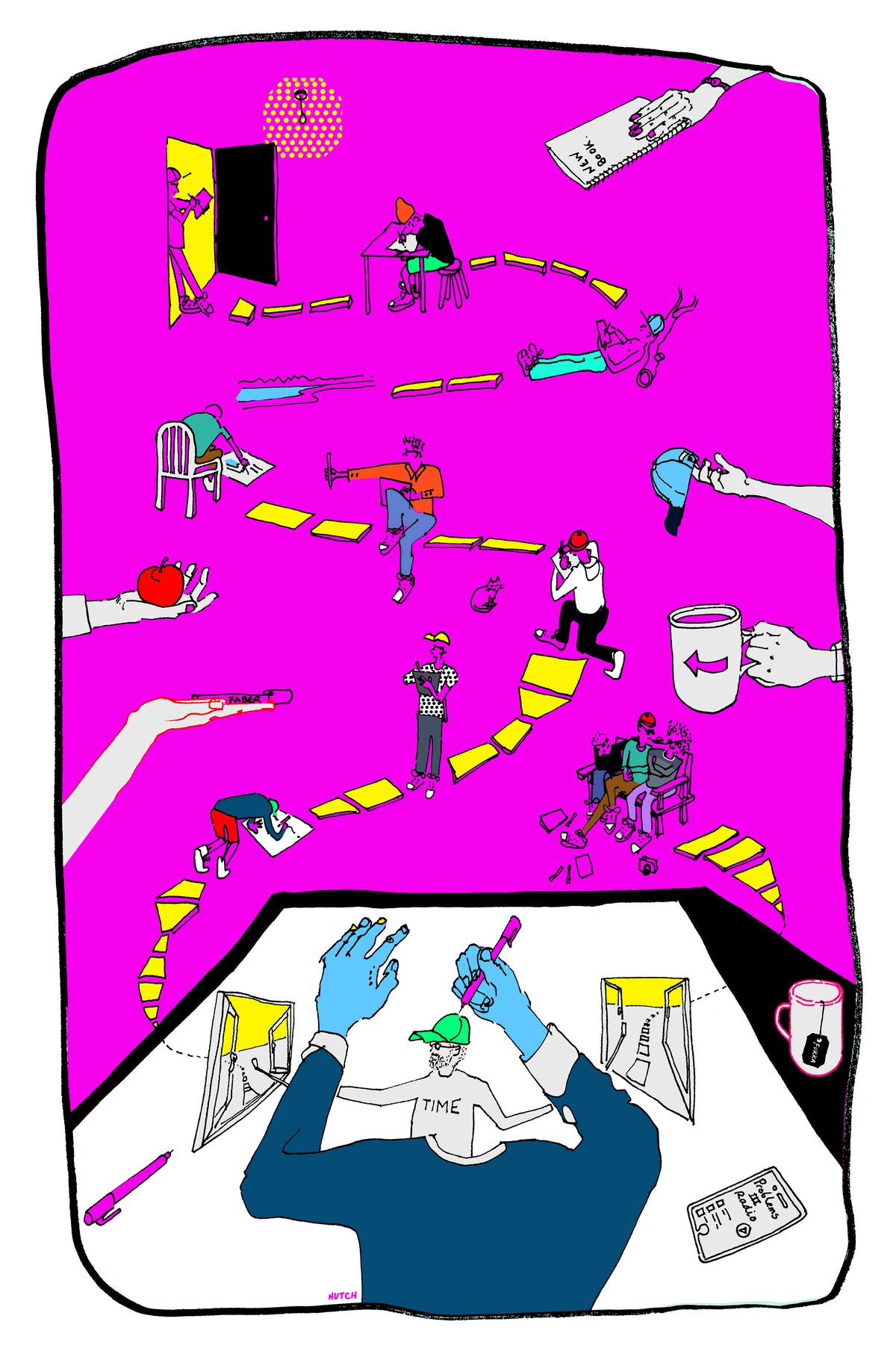 A colorful giclée print featuring various characters in different situations, with a prominent pink background by Jimmy Hutch 