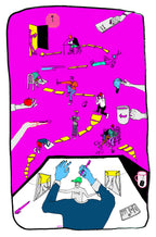 A colorful giclée print featuring various characters in different situations, with a prominent pink background by Jimmy Hutch 