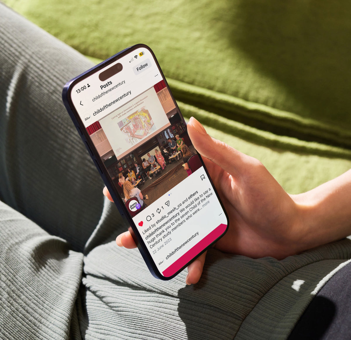 Person holding a smartphone with a social media app open on a green couch. UCL Child of the New Century commissioned illustration by Jimmy Hutch