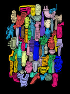 A colorful abstract giclée print featuring various figures and shapes with black lines on a black background. Unbottled A5 by Jimmy Hutch 